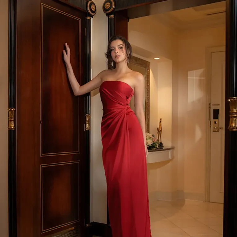 Red Gathered Detail Tube Neck Maxi Dress - Image 1