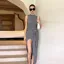 Dark Grey Mock Neck Waist Tie Up Maxi Dress
