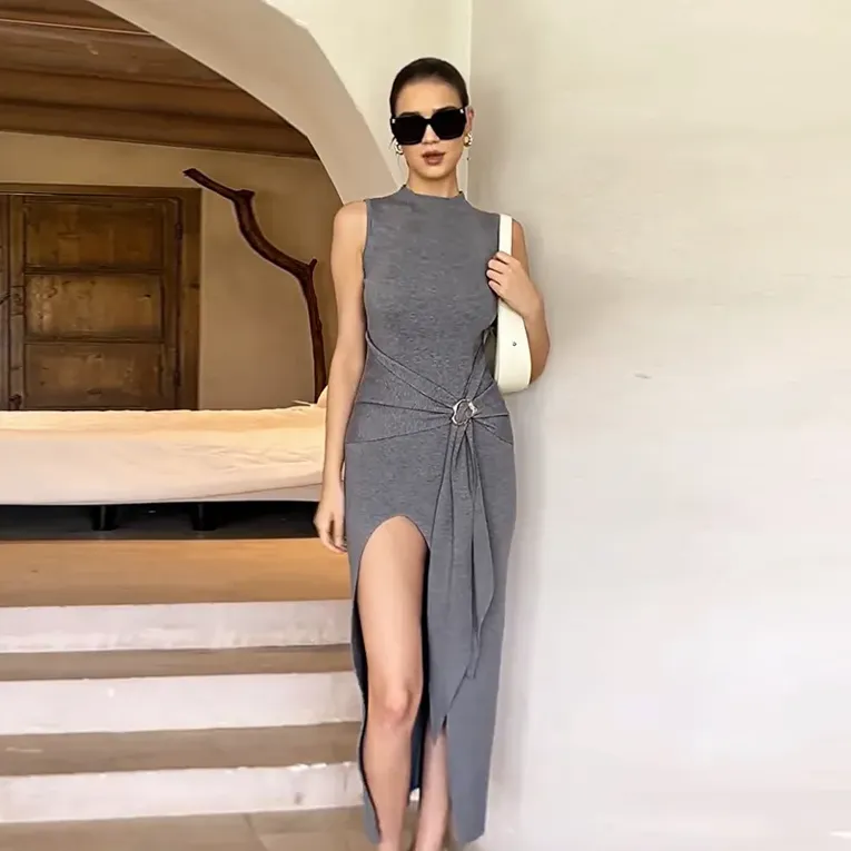Dark Grey Mock Neck Waist Tie Up Maxi Dress - Image 1