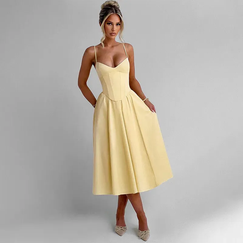 Yellow Solid Midi Corset Dress - NEWME