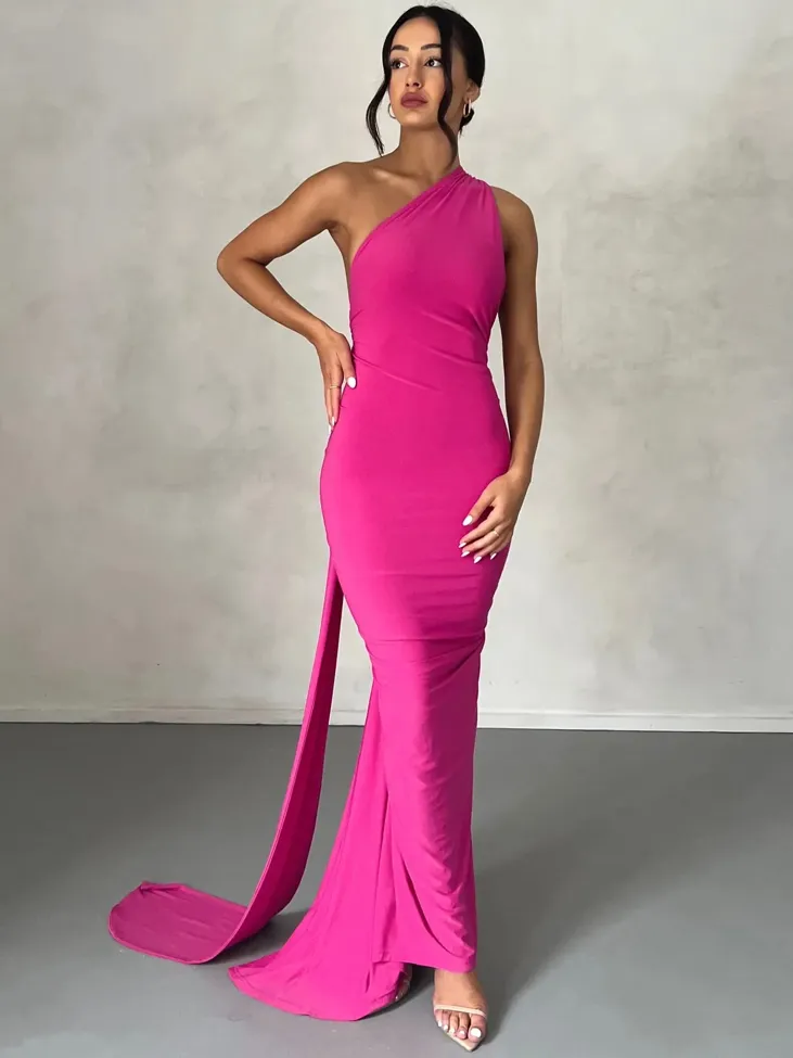 Fuchsia One Shoulder Ruched Maxi Dress - Image 1