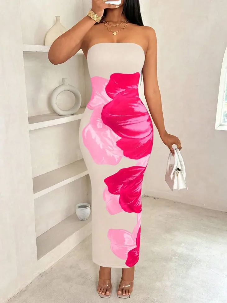 Off White Floral Bandeau Maxi Dress - Image 1