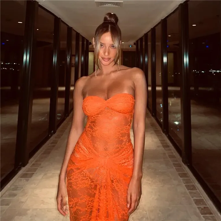 Orange Lace Bandeau Maxi Dress - Image 1