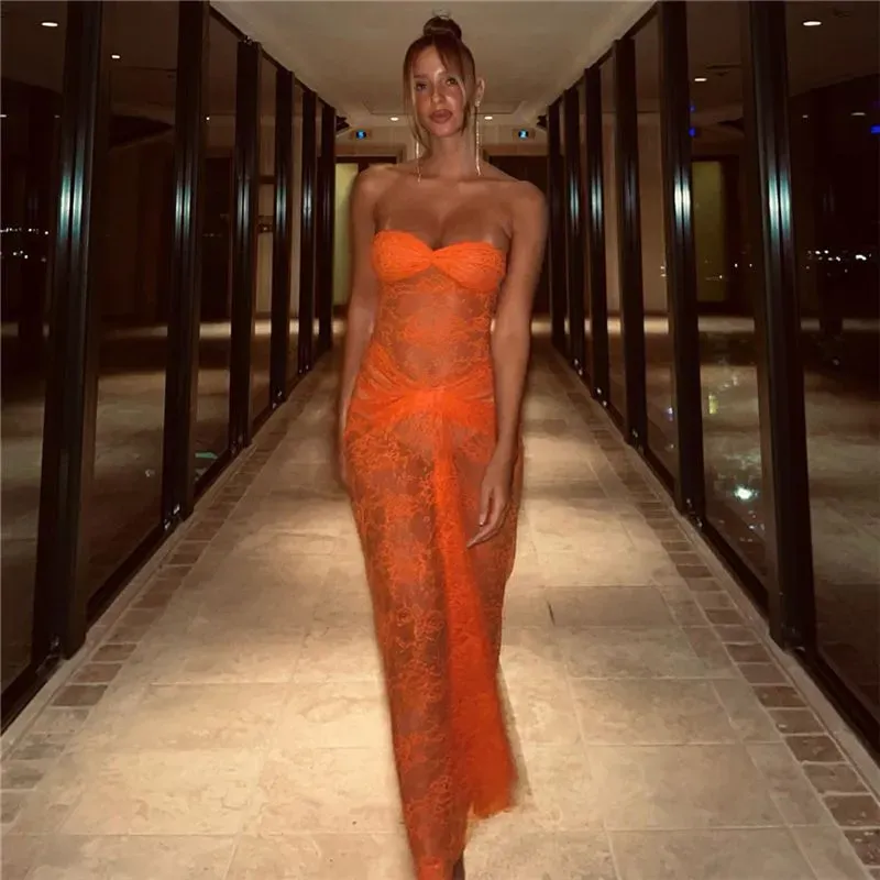 me and em orange lace dress ME+EM Lace Sleeveless Midi Dress Mango Orange - Women's - Recycled Crepe + Lace