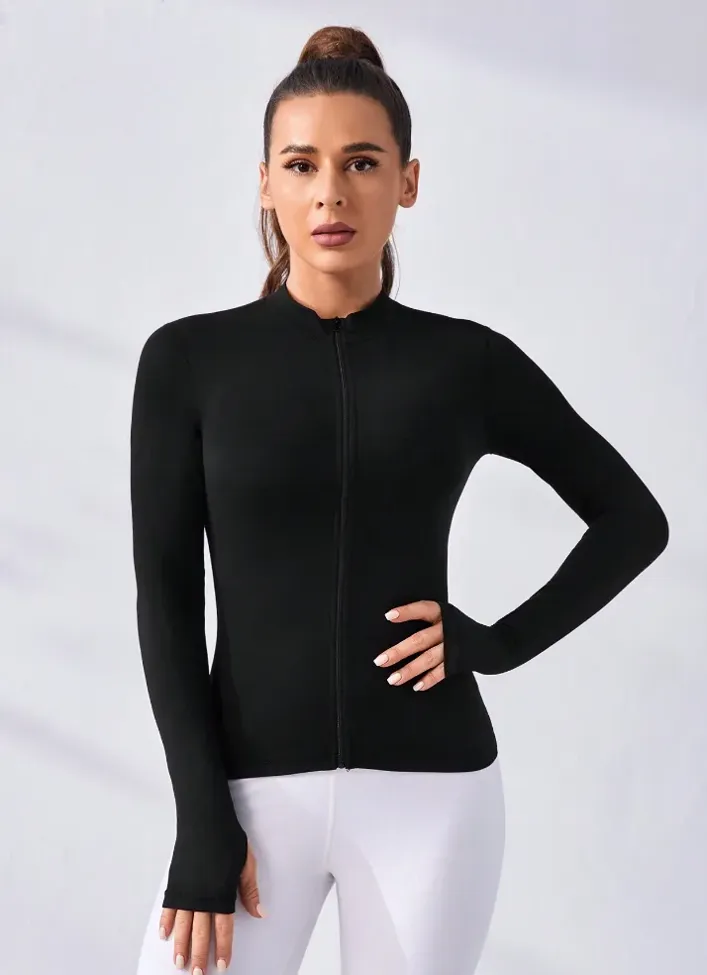 Black Thumbhole Sleeve Sporty Jacket - Image 1