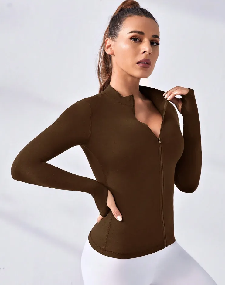 Dark Brown Thumbhole Sleeve Sporty Jacket - Image 1
