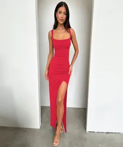 Red Solid Square Neck Bodycon Dress - NEWME