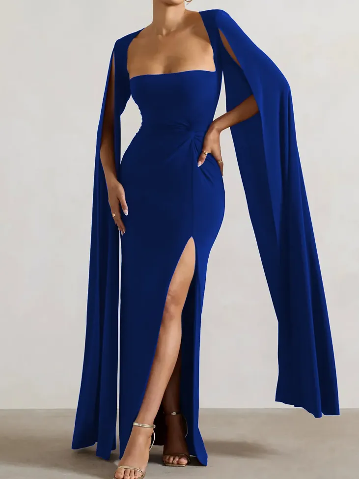 Blue Solid Slit Sleeve Maxi Dress - Image 1