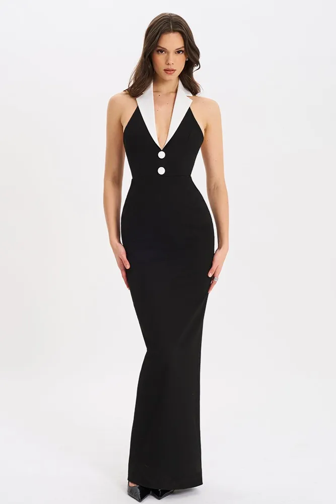 Maxi Black Lapel Collar Dress