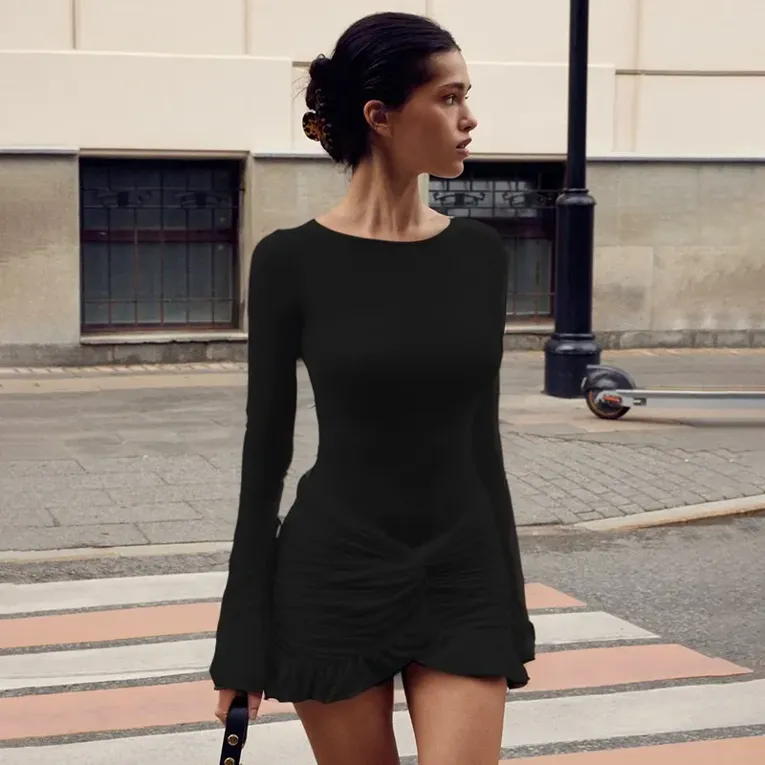 Black Ruched Mini Dress - Image 1