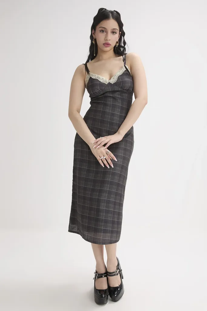 Lace Trim Plaid Midi Dress - Image 1