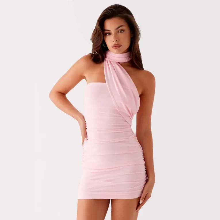 Pink Ruched Halter Wrap Dress - Image 1