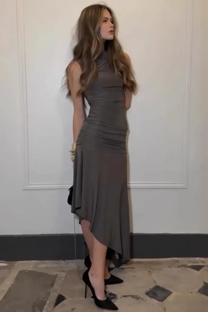 Grey Ruched High Neck Maxi Dress - Image 1