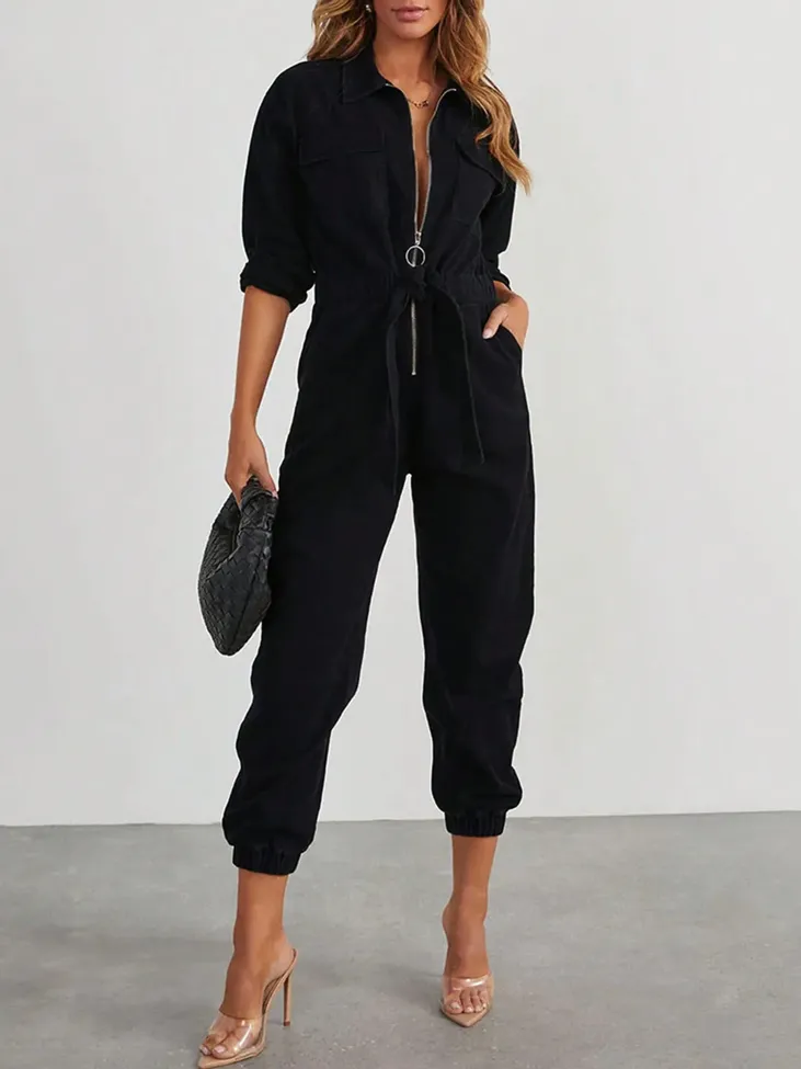 Black Pocket Detailing Collared Jumpsuit - Image 1