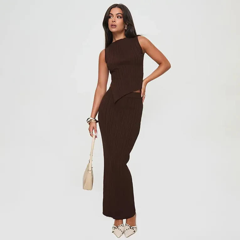 Dark Brown Textured Boat Neck Co-Ord Set - Image 1