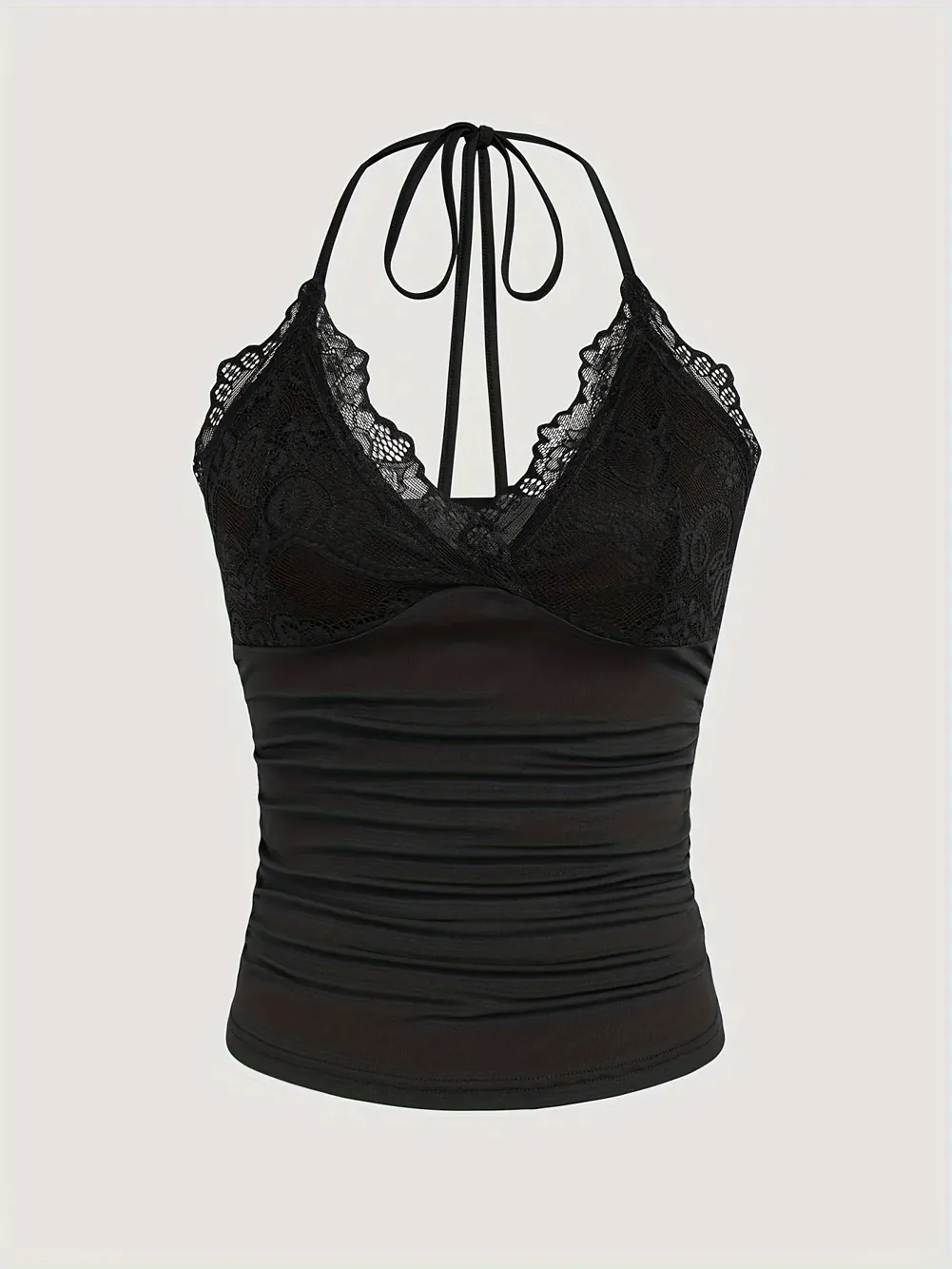 Black Lace Detail Halter Neck Crop Top - NEWME