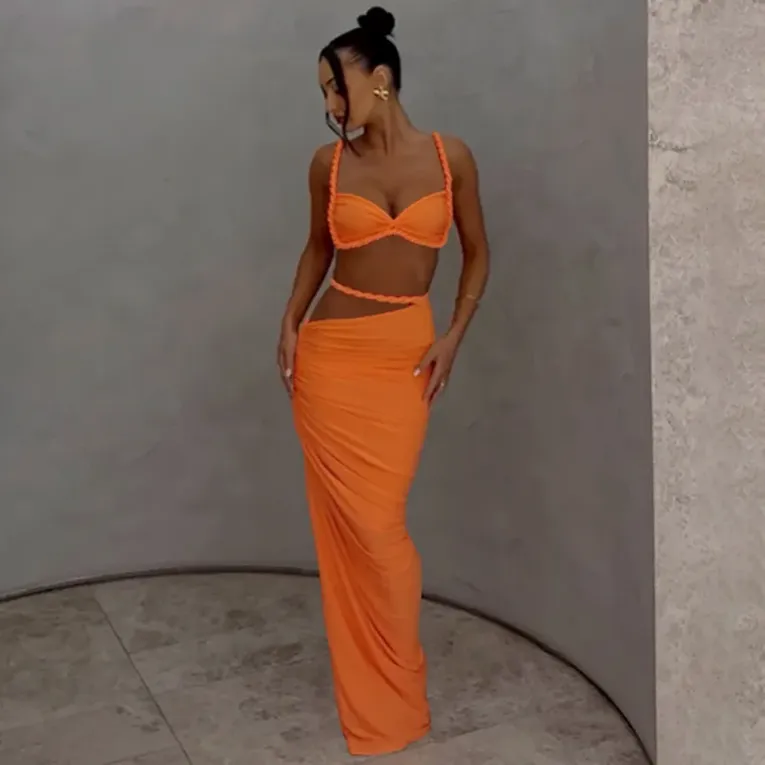 Orange Ruched Twisted Detail Co-Ord Set - Image 1