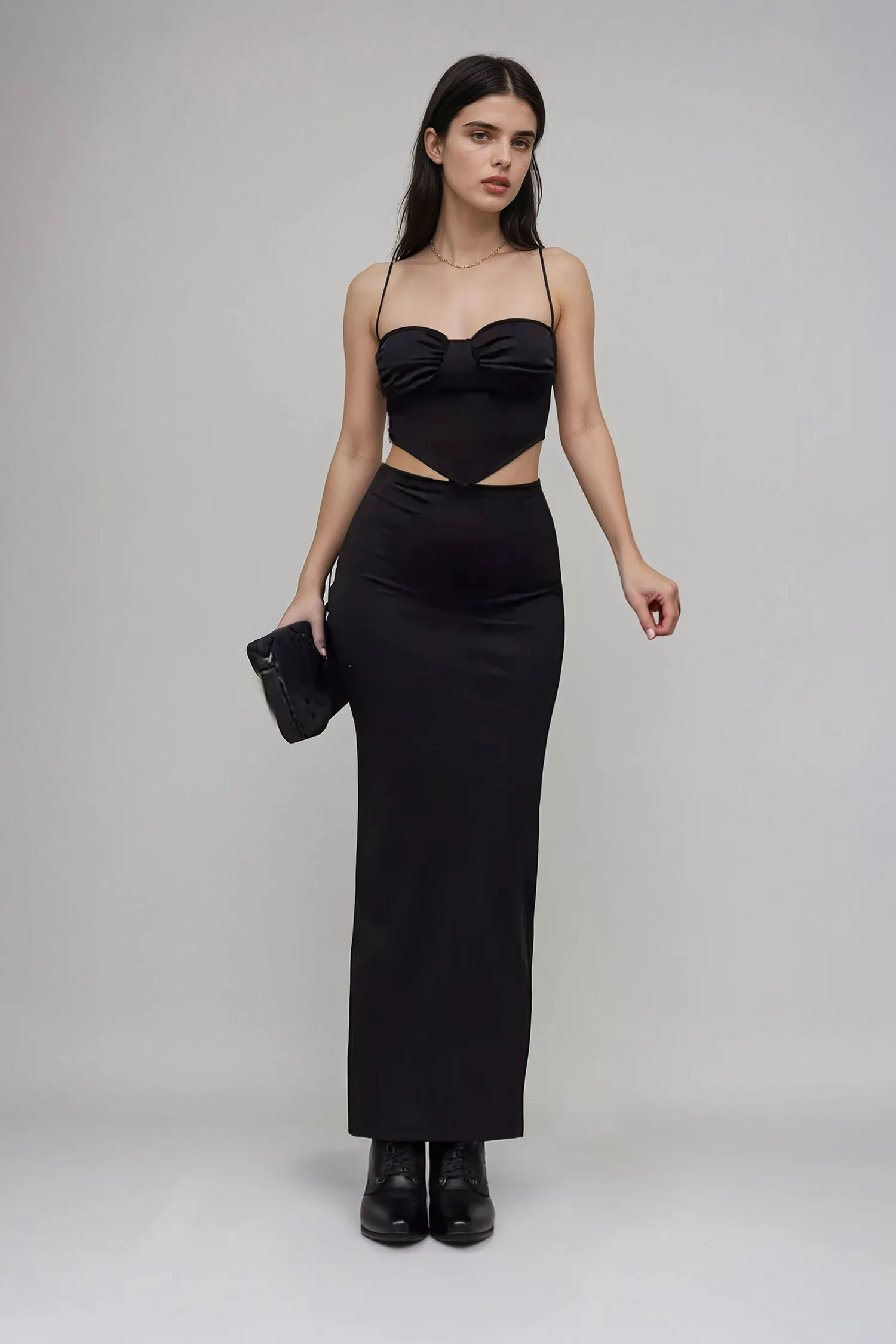 Black Solid Sweetheart Neck Co Ord Set