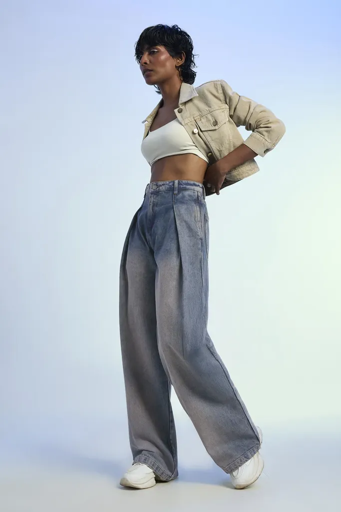 Dark Blue Wash Tinted Indigo Pleated Low Rise Jeans - Image 1
