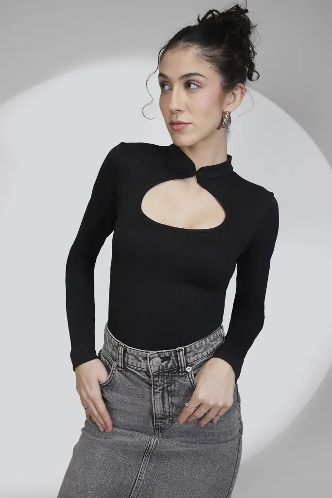 Black Solid Keyhole Neckline Top - Image 1