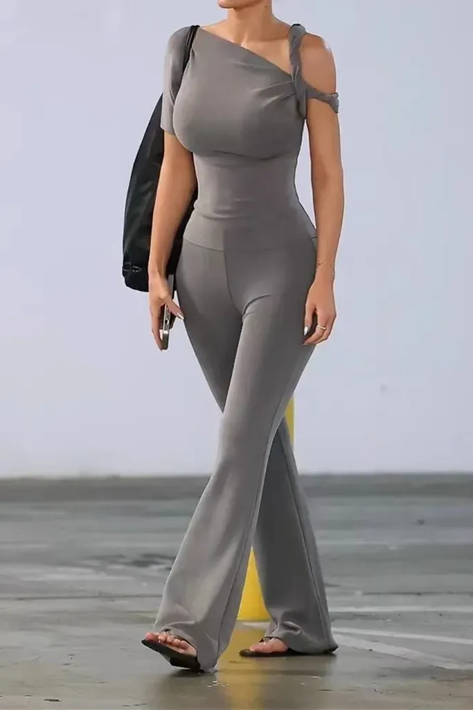 Grey Twisted Asymmetric Neck Co Ord Set - Image 1