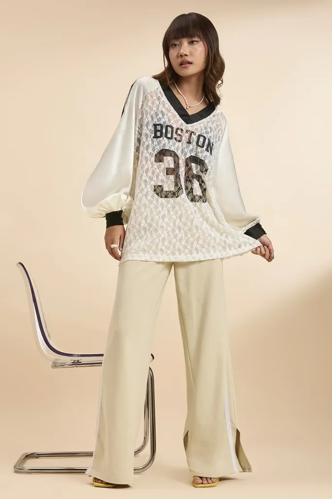 Off White Graphic Print Lace Satin Tshirt - Image 1