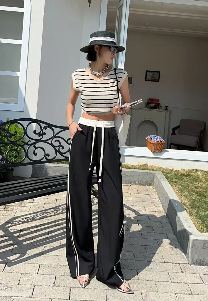 precme wide stripe slacks【black】 M precme wide stripe slacks【black】 M Women's Black Stripe