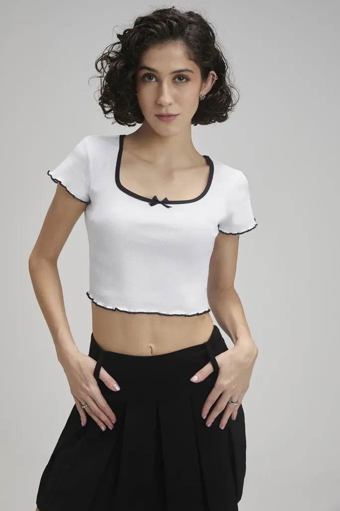 White Contrast Trim Bow Detail Crop Top - Image 1