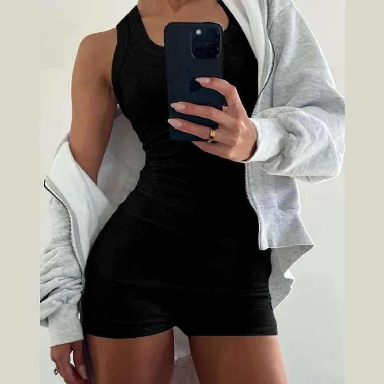 Black Ribbed Shorts Co Ord Set - Image 1