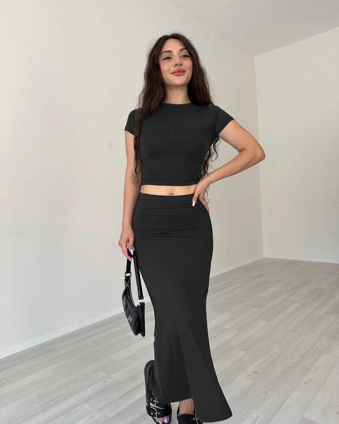 Black Solid Crop Top Skirt Co Ord Set