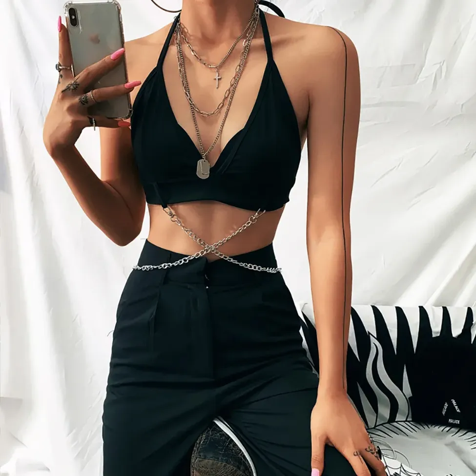 Black Plunge Neck Bralette Crop Top - NEWME