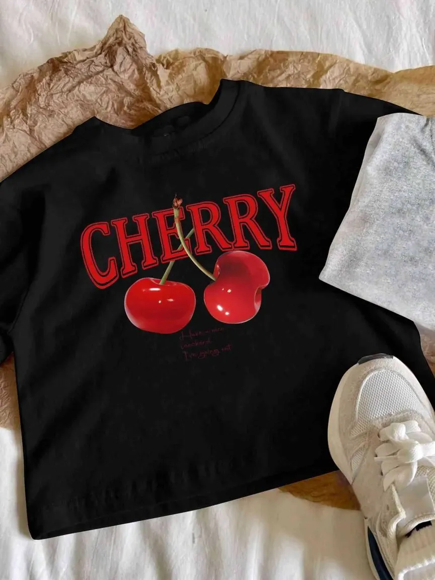 ★KIRSH★ Melting Cherry Print Crop T-Shirt Melange Grey MELTING CHERRY PRINTED CROP SWEATSHIRT - GRAY - KIRSH | 60