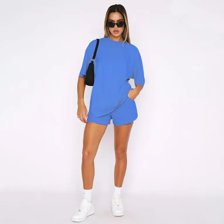 Blue Solid Tshirt Shorts Co Ord Set - Image 1