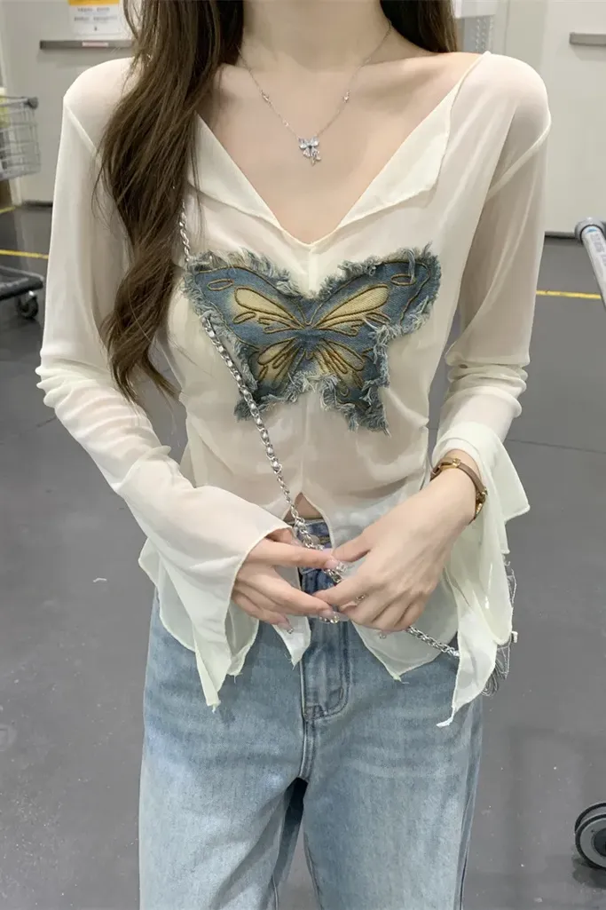 Off White Applique Shirt Style Top - Image 1