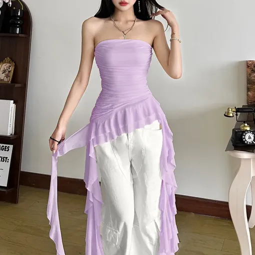 トップス Litmus Her Praha Gathered puffy lace top Lilac Ruffles Detail Draped Tube Top - NEWME