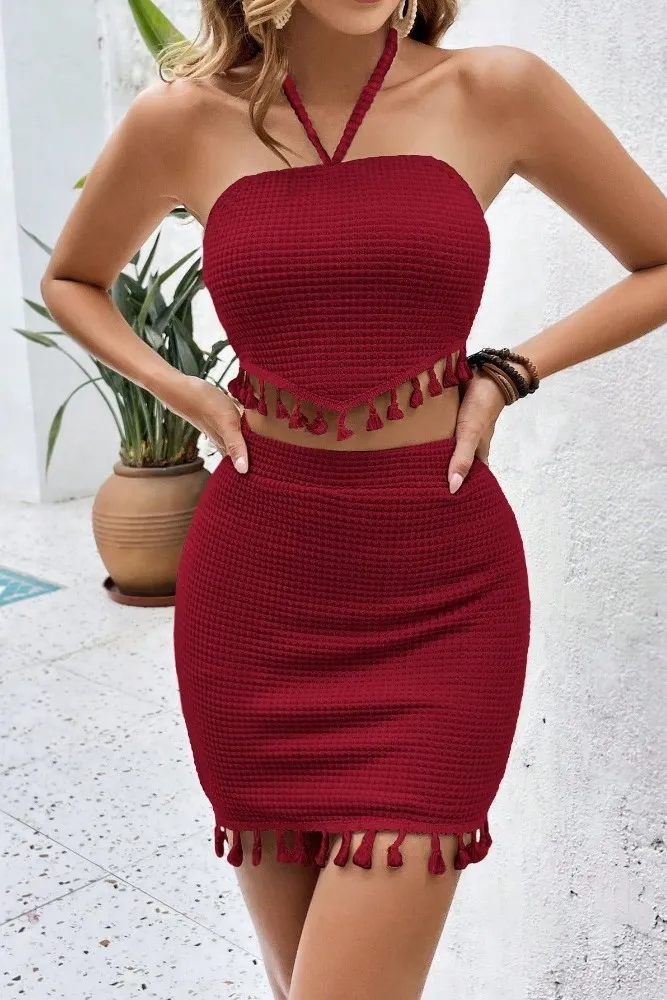 Maroon Textured Halter Neck Skirt Co Ord Set - Image 1