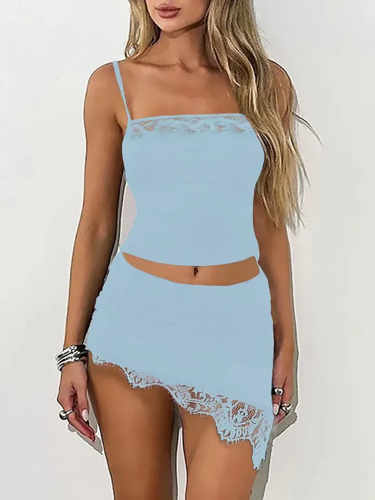 Light Blue Lace Detail Skirt Co Ord Set - Image 1