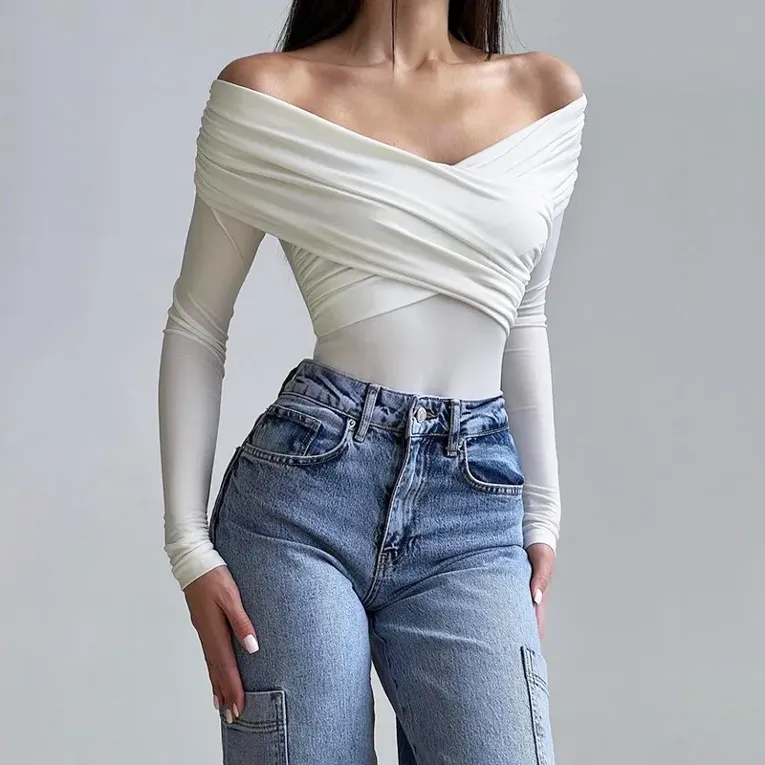 White Gathered Off Shoulder Bodysuit - Image 1