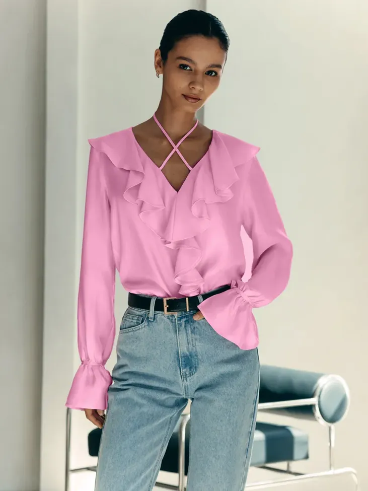 Light Pink Ruffles Detail Vneck Peasant Top - Image 1