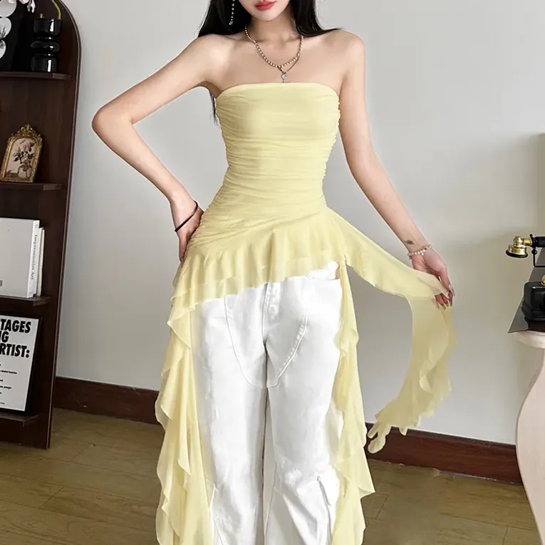 Yellow Solid Ruffles Detail Tube Top - Image 1