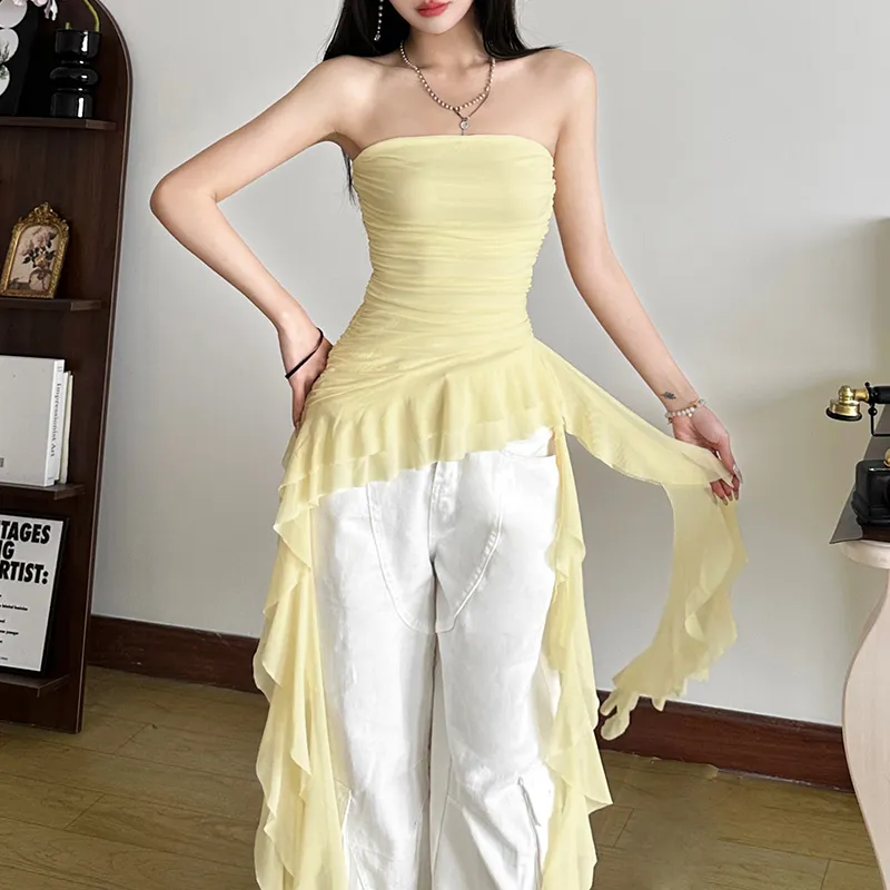 Yellow Solid Ruffles Detail Tube Top NEWME