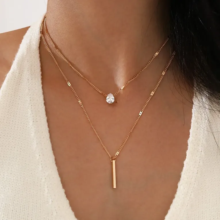 Gold Imitation Tear Drop Layered Necklace - Image 1