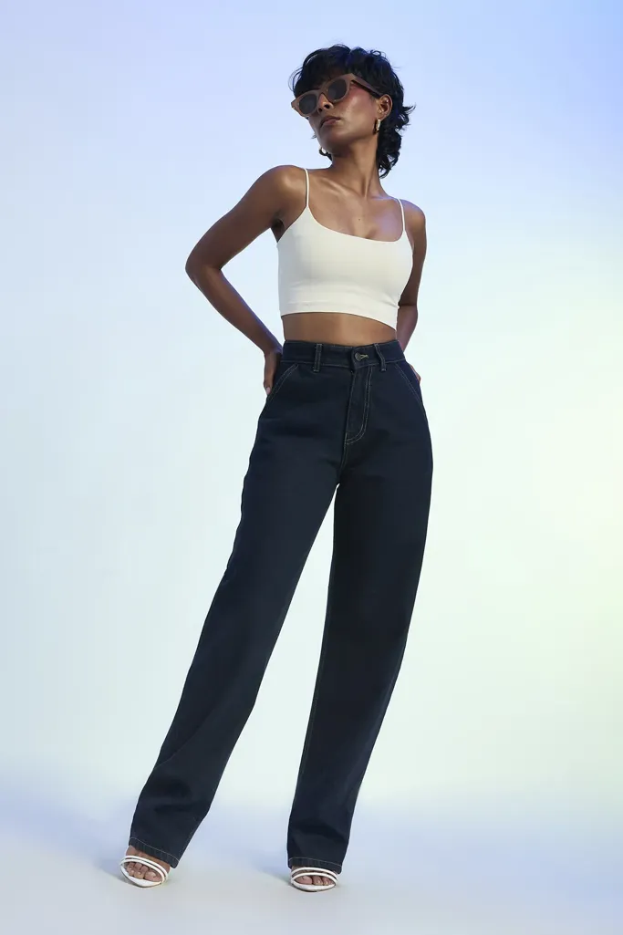 Dark Blue High Rise Barrel Jeans - Image 1