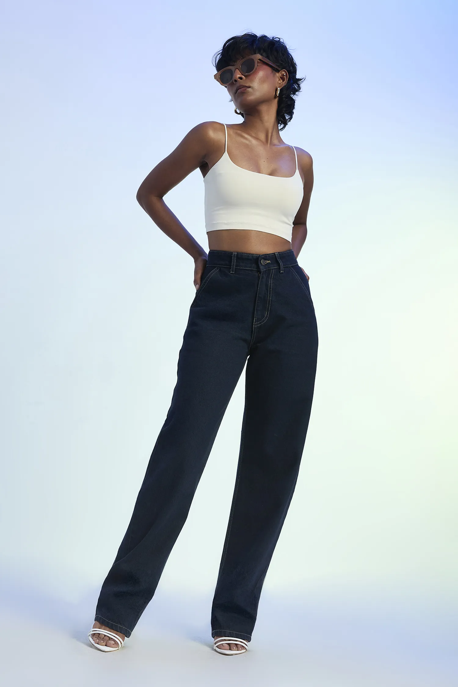 Dark Blue High Rise Barrel Jeans
