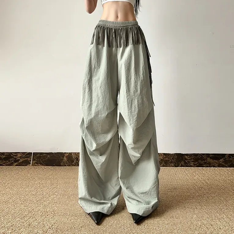 Light Green Fringed Detail Parallel Trousers - Image 1