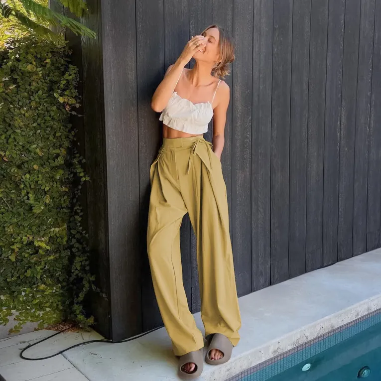 Khaki High Rise Pleated Pants - Image 1