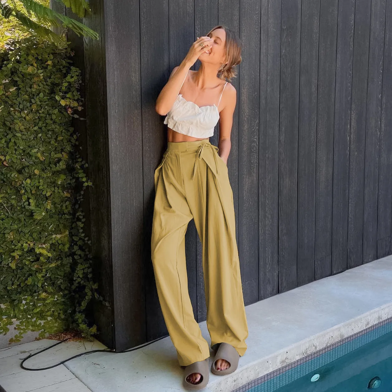 Khaki High Rise Pleated Pants
