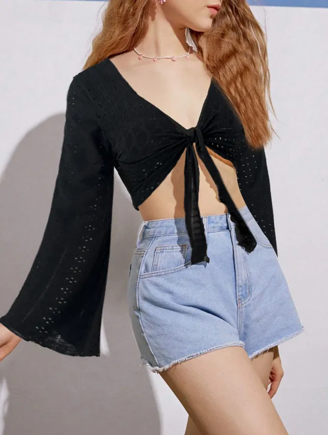 Black Schiffli Flared Sleeve Crop Top - Image 1