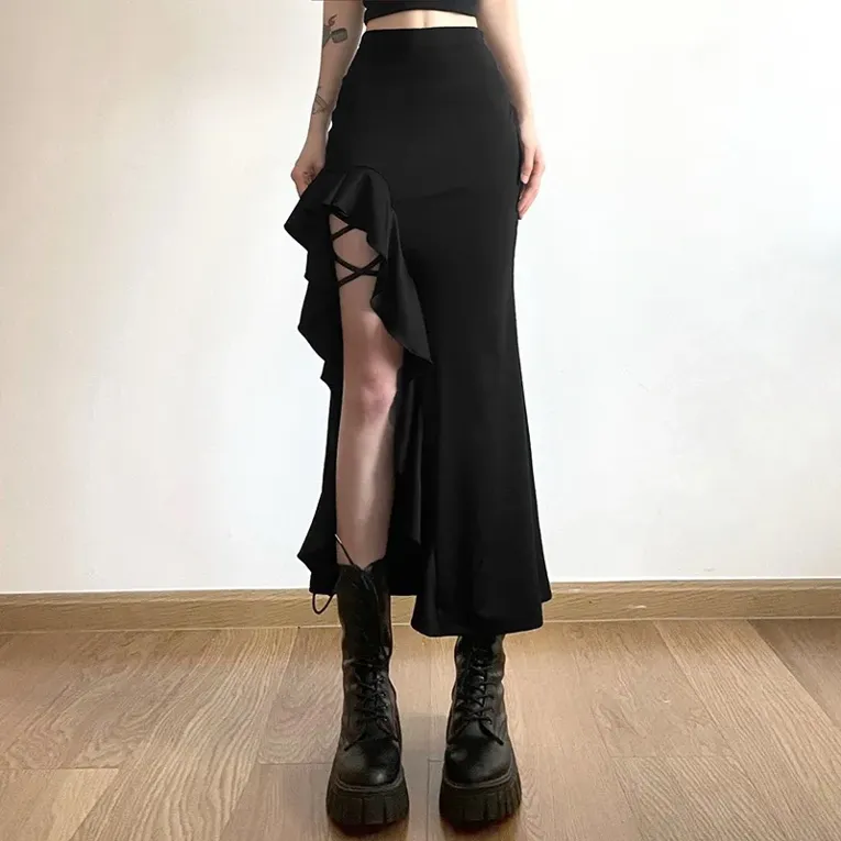 Black Ruffles Detail Straight Skirt - Image 1