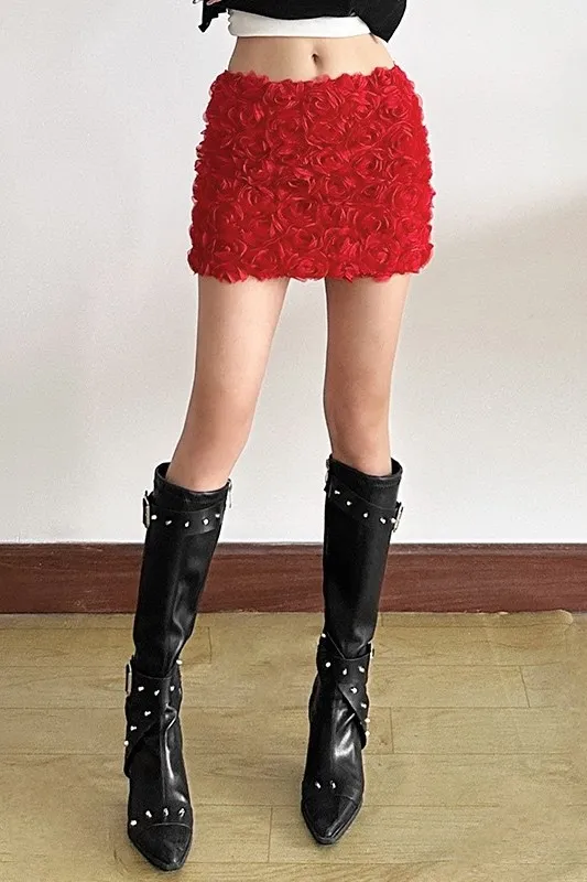 Red Floral Structure Micro Mini Skirt